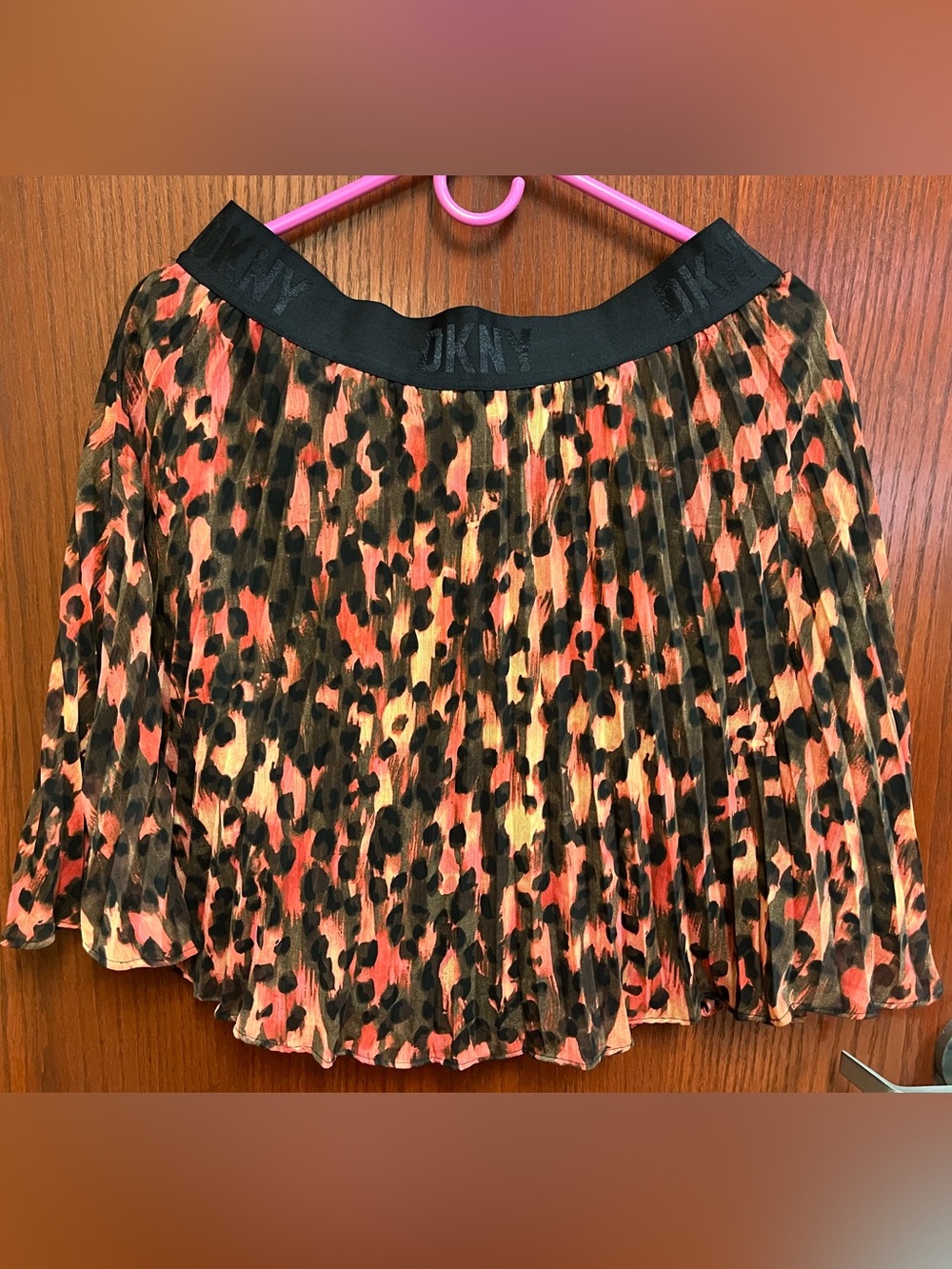 DKNY Black and Orange Leopard-Print Pleated Skirt